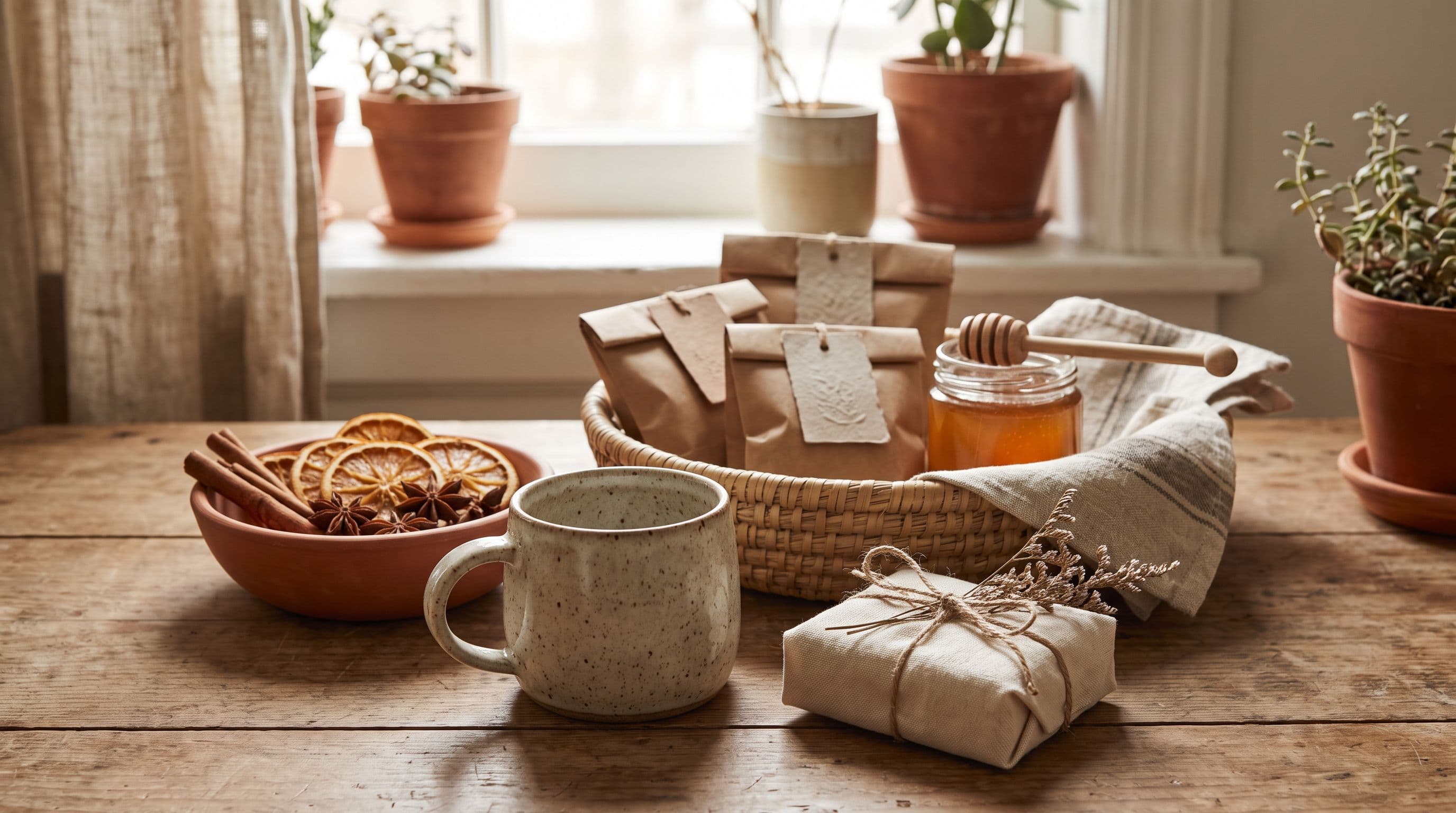 Une table de classe avec une tasse en grès, un panier de petits sachets kraft et un paquet noué de ficelle